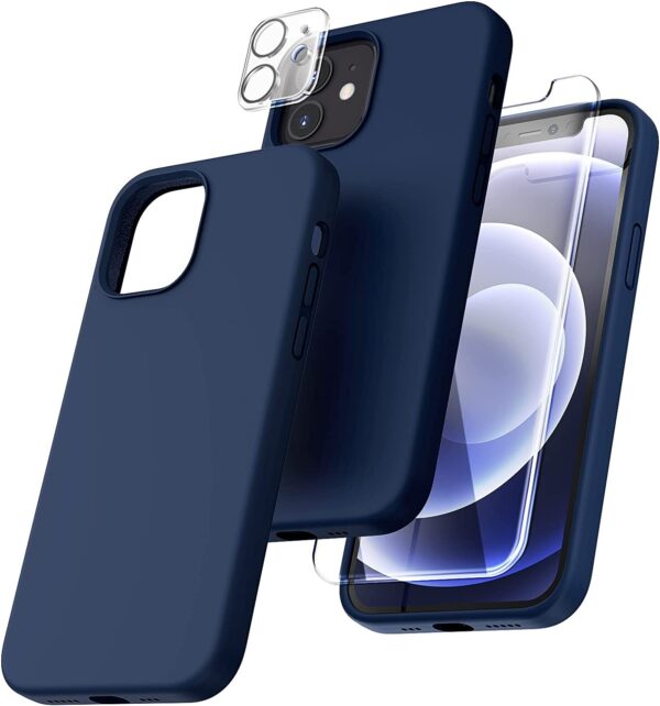 Capa Silicone Azul iPhone 12 com 1 película vidro temperado 1 película camera