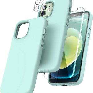 Capa Silicone Verde Água iPhone 12 com 1 película vidro temperado 1 película camera