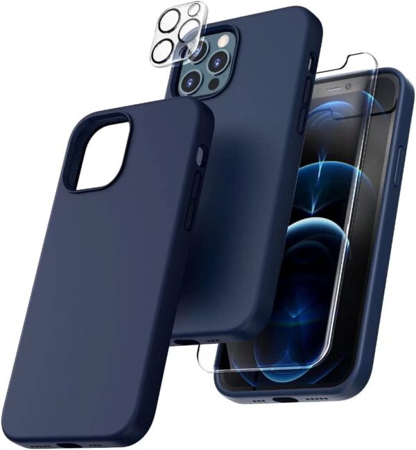 Capa Silicone Azul iPhone 12 Pro com 1 película vidro temperado 1 película camera