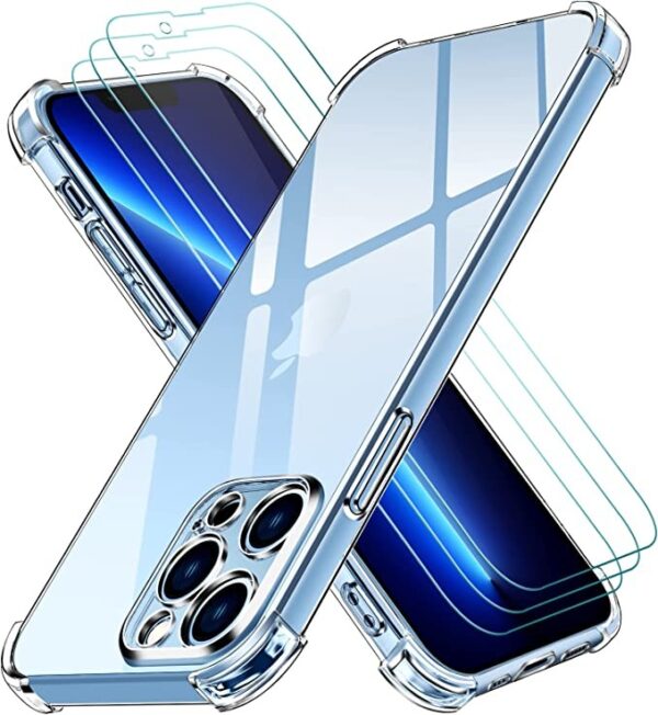 Capa Anti-choque Transparente para iPhone 14 Pro Max com 3 películas vidro temperado