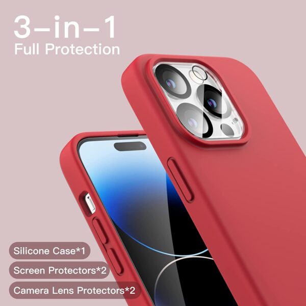 Capa Silicone Vermelho iPhone 14 Pro Max com 2 película vidro temperado 2 película camera