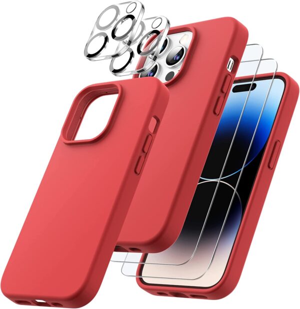 Capa Silicone Vermelho iPhone 14 Pro com 2 película vidro temperado 2 película camera