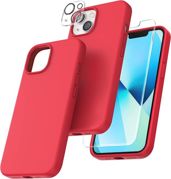 Capa Silicone Vermelho iPhone 14 Plus com 1 película vidro temperado 1 película camera