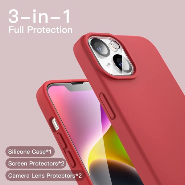 Capa Silicone Vermelho iPhone 14 Plus com 2 película vidro temperado 2 película camera