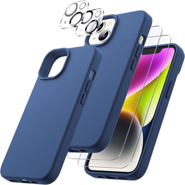 Capa Silicone Azul iPhone 14 com 2 película vidro temperado 2 película camera