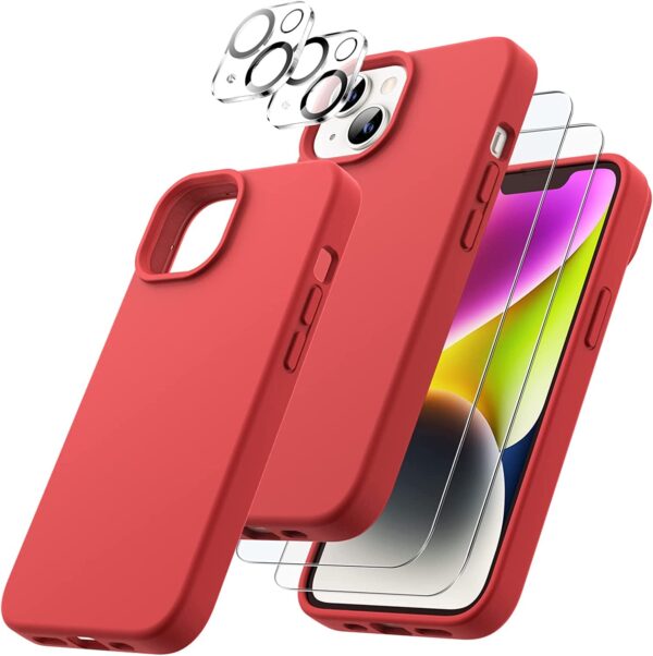 Capa Silicone Vermelho iPhone 14 com 2 película vidro temperado 2 película camera