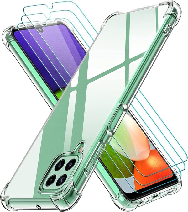 Capa Silicone Antichoque Samsung Galaxy A22 5G com 3 películas vidro temperado Transparente